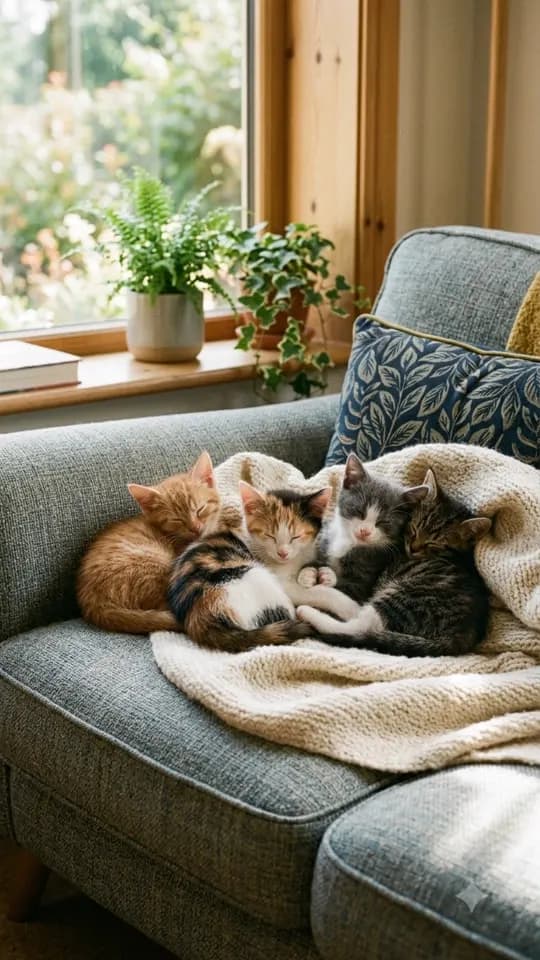 Tạo ảnh những con mèo con đang nằm ngủ trên ghế sofa