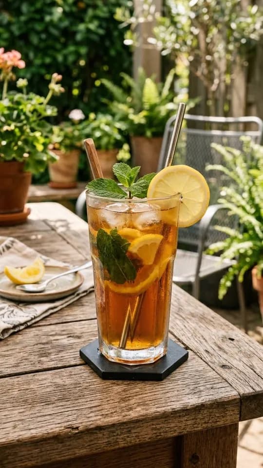 một ly trà chanh mát lạnh trên bàn gỗ