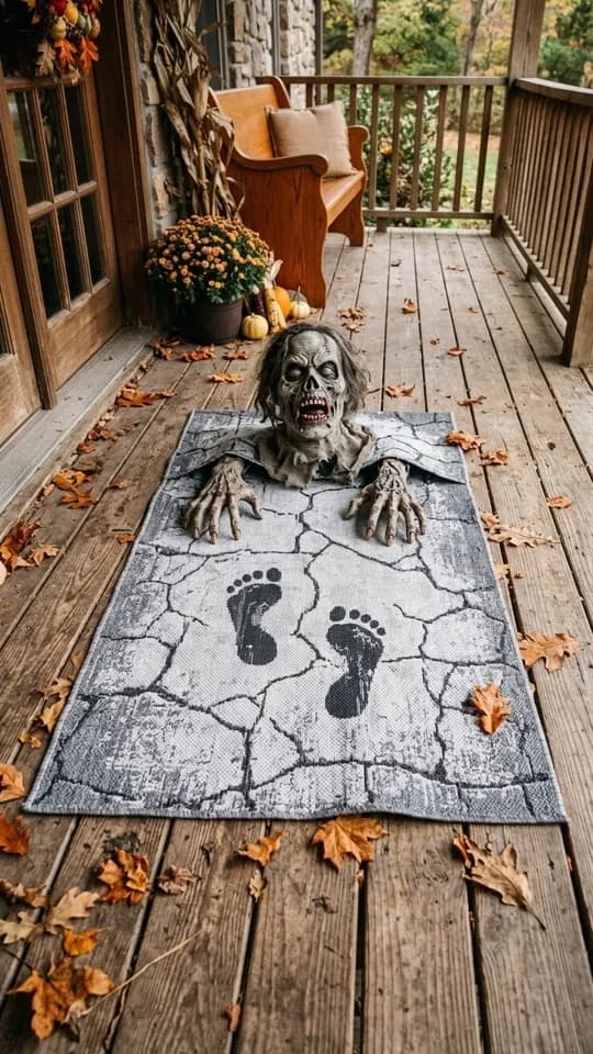 Một bức ảnh chân thực về tấm thảm chơi khăm Halloween trên hiên gỗ. Thảm chữ nhậ