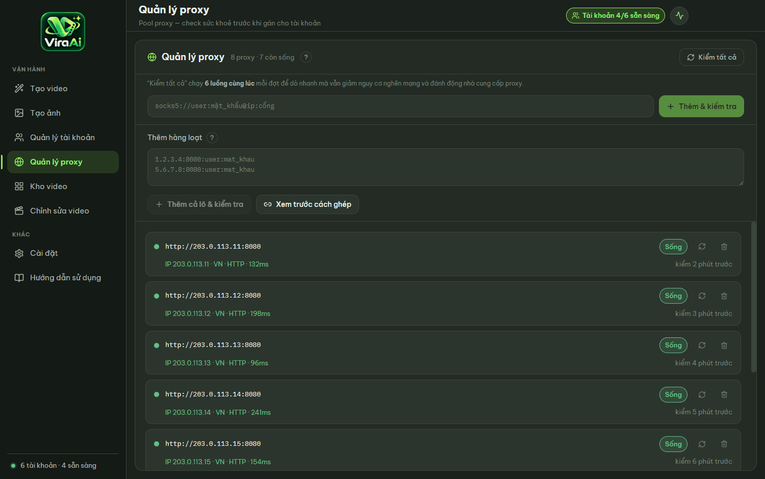 Proxy manager: add a batch, then health-check before assigning to accounts